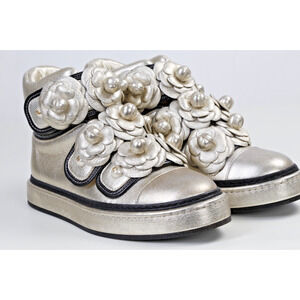 Chanel Metallic Gold Leather Camellia Flower Pearl High Top Sneakers Size 34.5